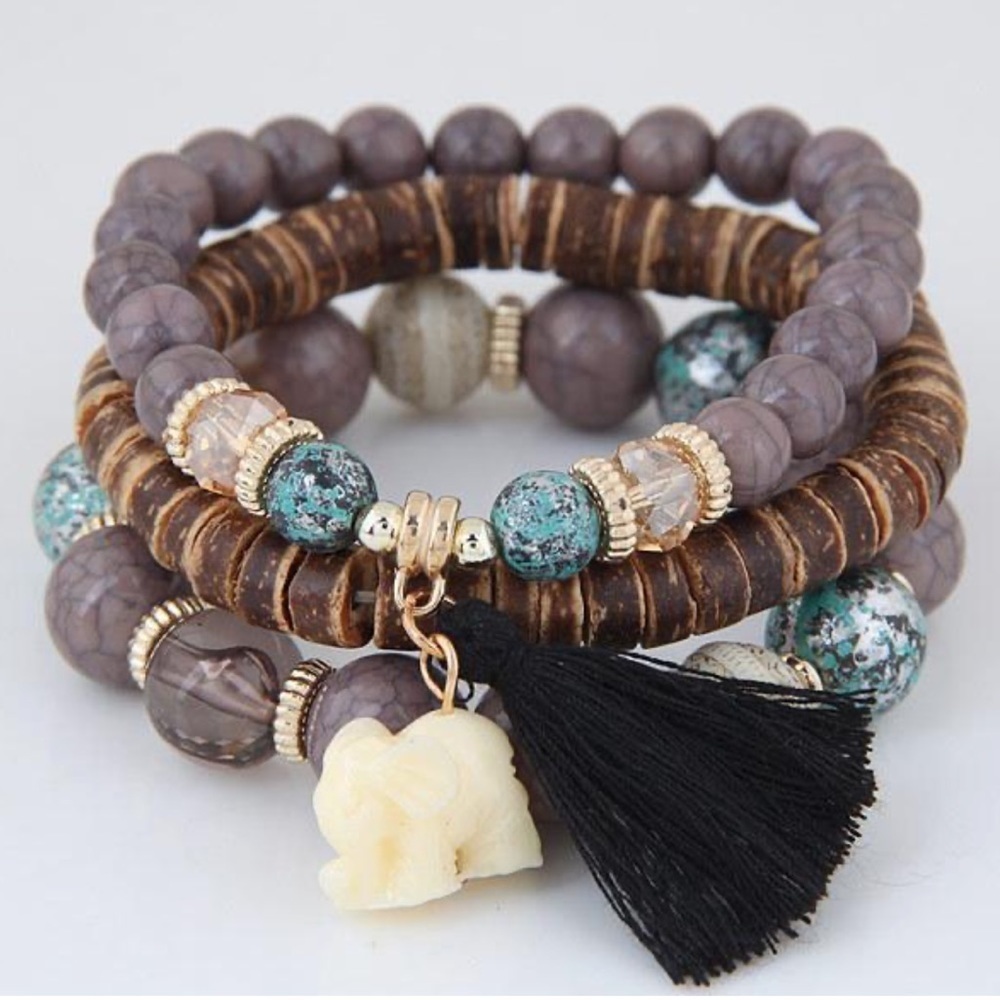 Layered Beaded Elephant Tribal Boho Bracelet Set
